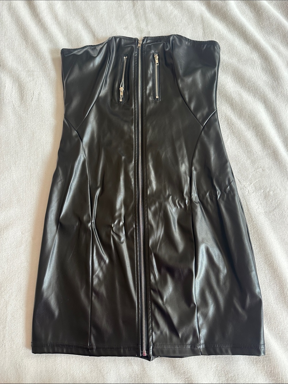 Faux Leather Strapless Zip-Back Mini Dress - Black